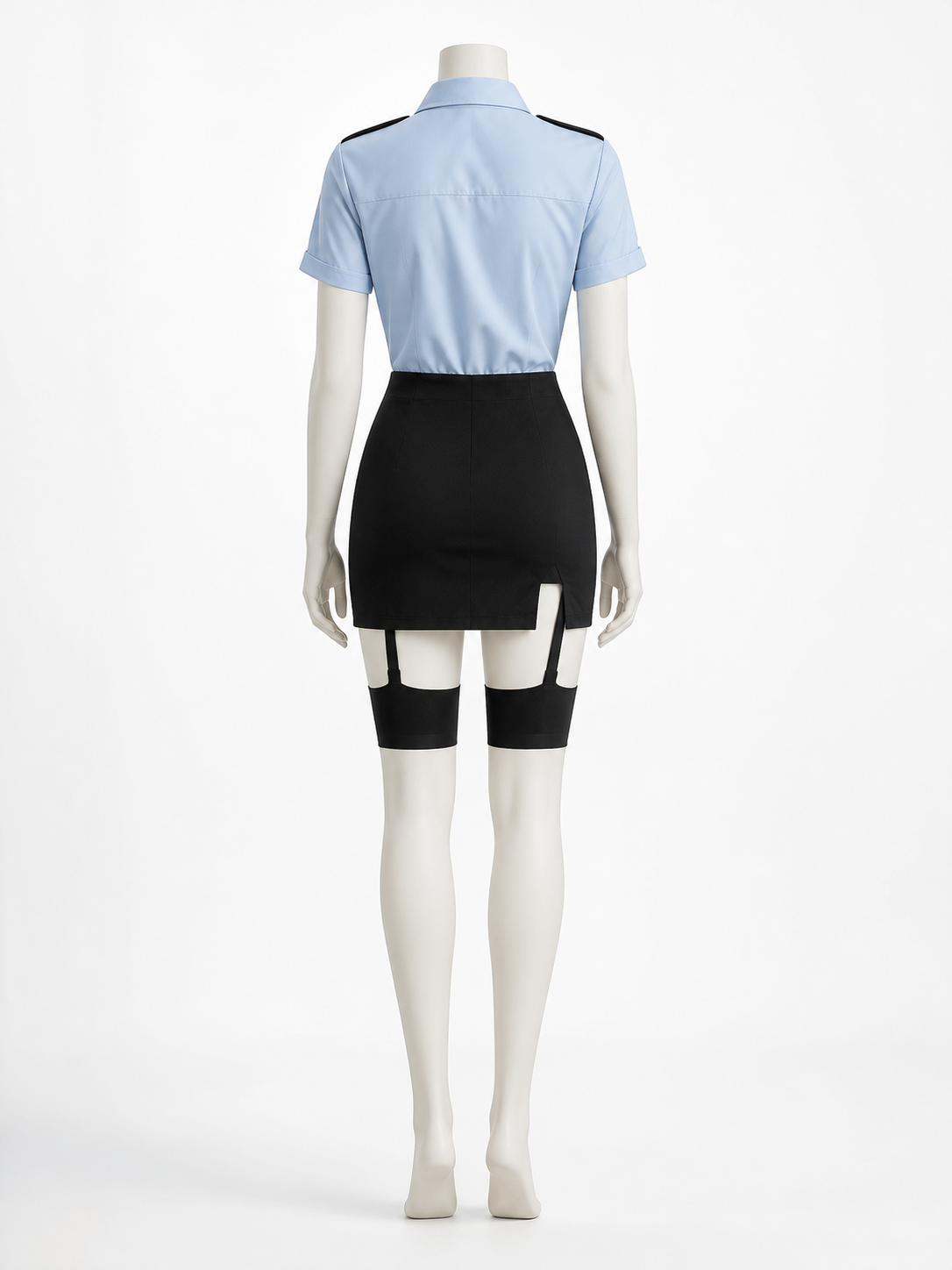 Women's Police Officer Costume Set - Blue Top with Black Skirt and Accessories back view