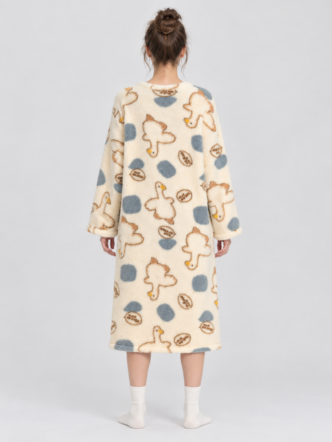 Long Loose Nightgown Cream Beige with Print