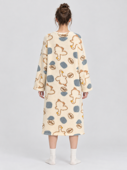 Long Loose Nightgown Cream Beige with Print