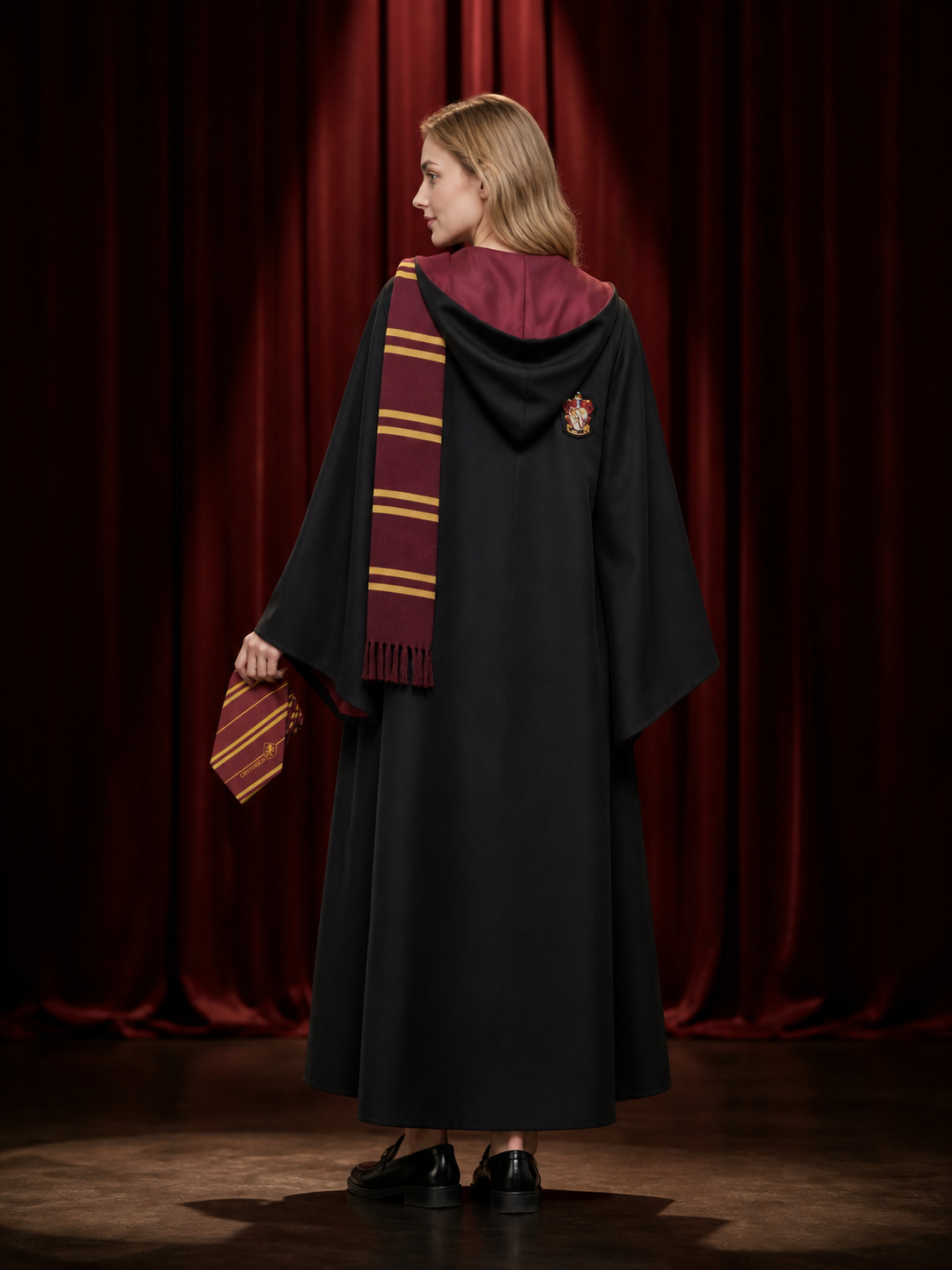 Kids Gryffindor Wizard Costume Set, Hooded Robe With Scarf, Red And Gold Trim back view