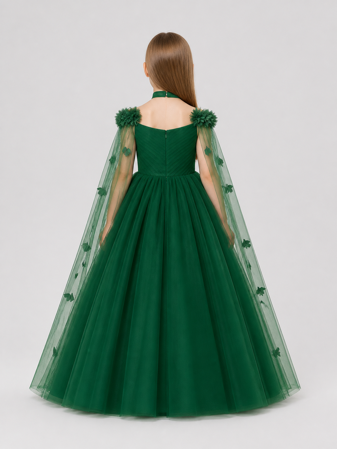 Dark Green Princess Party Dress with Flowers back view