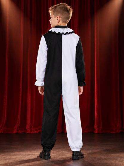 Black and white clown costume with pom-poms and ruffled collar