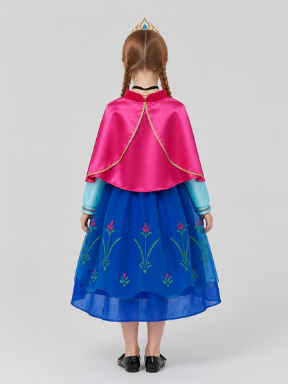 Children’s princess costume with cape, wig, and crown back view