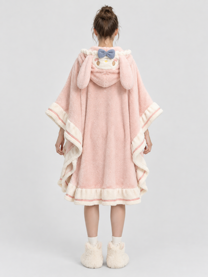 Pink Hooded Coral Fleece Poncho Robe