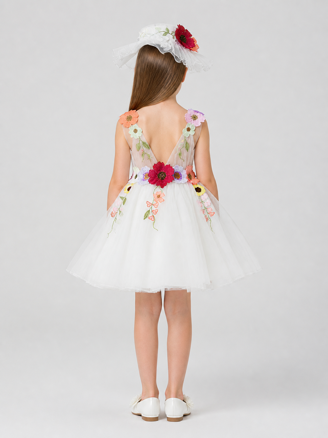 Full White Dress with Floral Details, Ages 4–8 back view