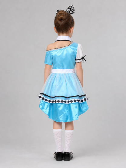 The set is designed as a cosplay dress with decorative princess-style details and includes a dress, a separate collar accessory, and a headband with a bow. The look is centered around a light blue dress with a full, layered skirt and a whit