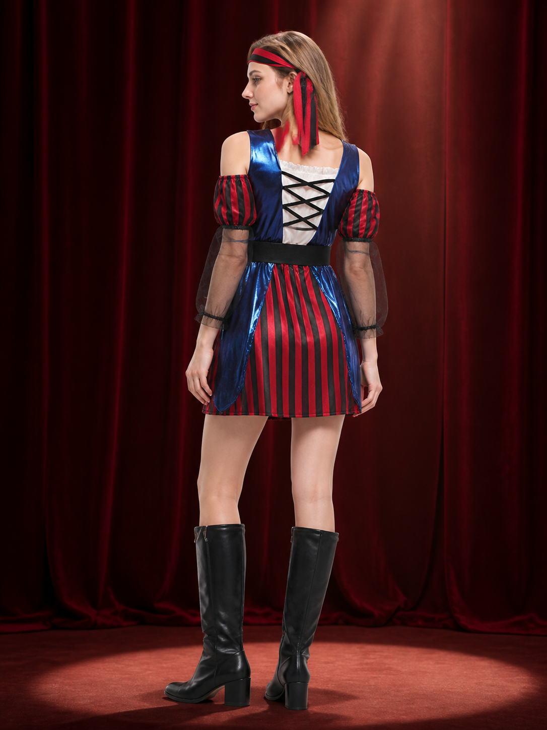 Women's Pirate Costume Set With Red Black Striped Dress, White Cross Straps back view