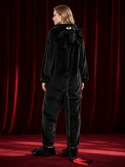 Black Dragon Hooded Full-Body Jumpsuit Costume With Horns And Tail back view