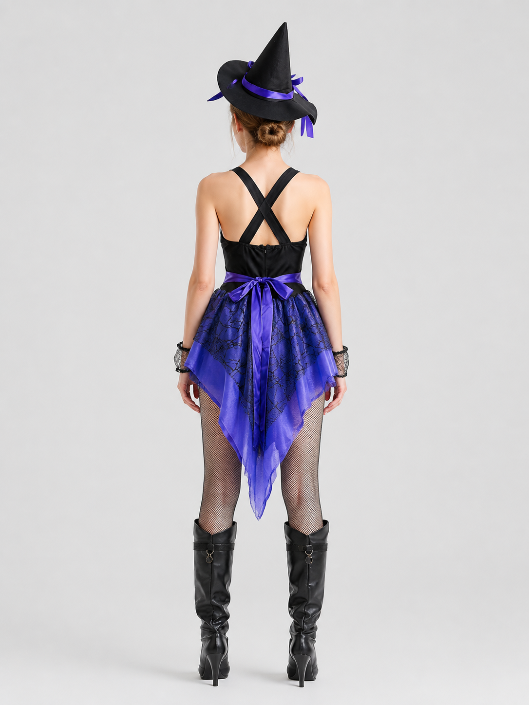 Long Witch Dress with Hat, Black and Purple, Cosplay back view
