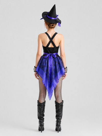 Long Witch Dress with Hat, Black and Purple, Cosplay back view