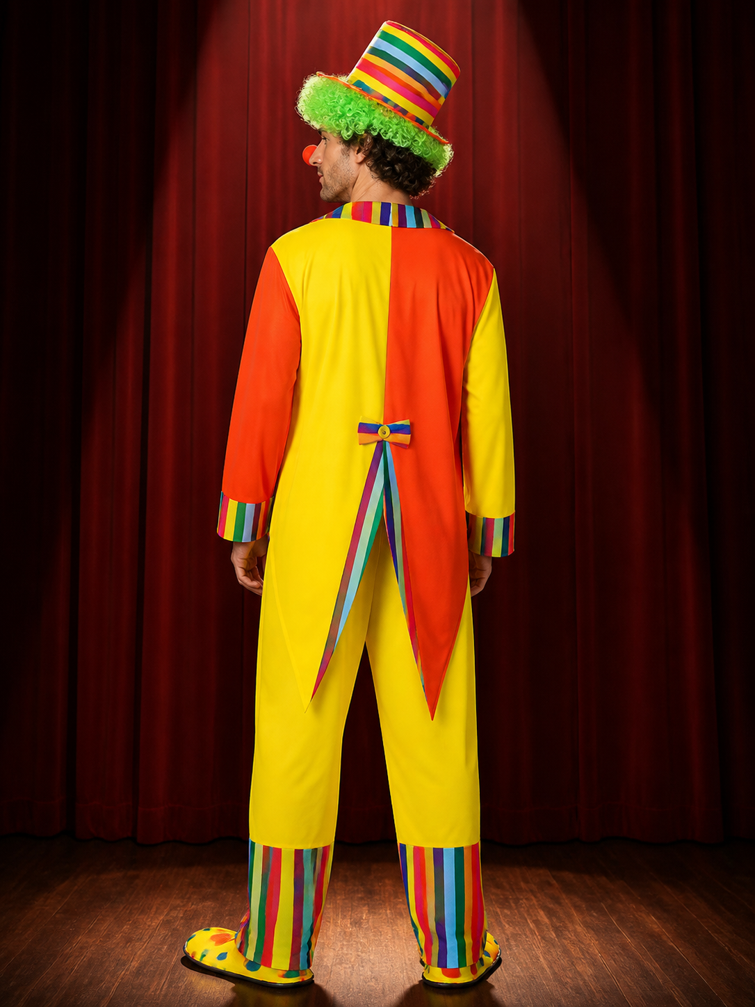 Adult Circus Clown Costume Set - Rainbow Stripe Tuxedo with Hat (4 Pieces) for back view