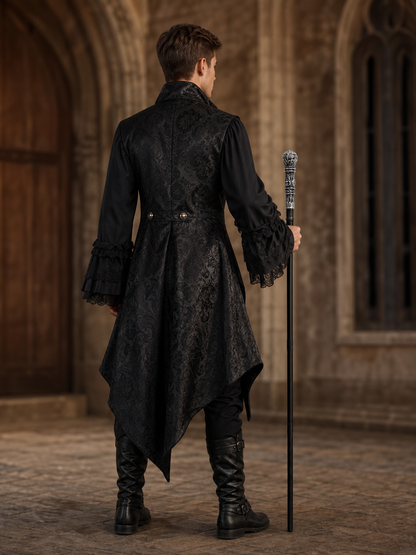 Rear view of a man in a long black patterned coat holding the slim black cane in a stone courtyard