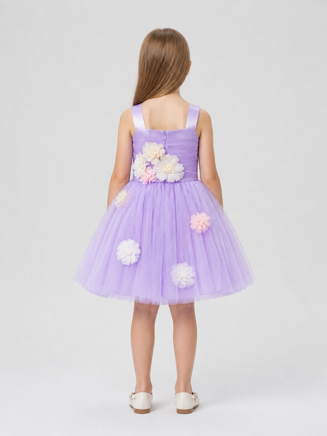 Girls' Dressy Princess Dress with Floral Embellishments back view