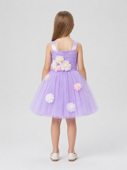 Girls' Dressy Princess Dress with Floral Embellishments back view