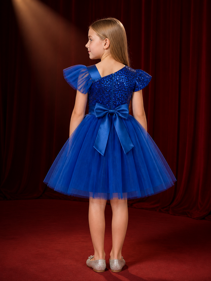 Girls' Blue Sequin Princess Dress With Mesh Skirt And Bow back view