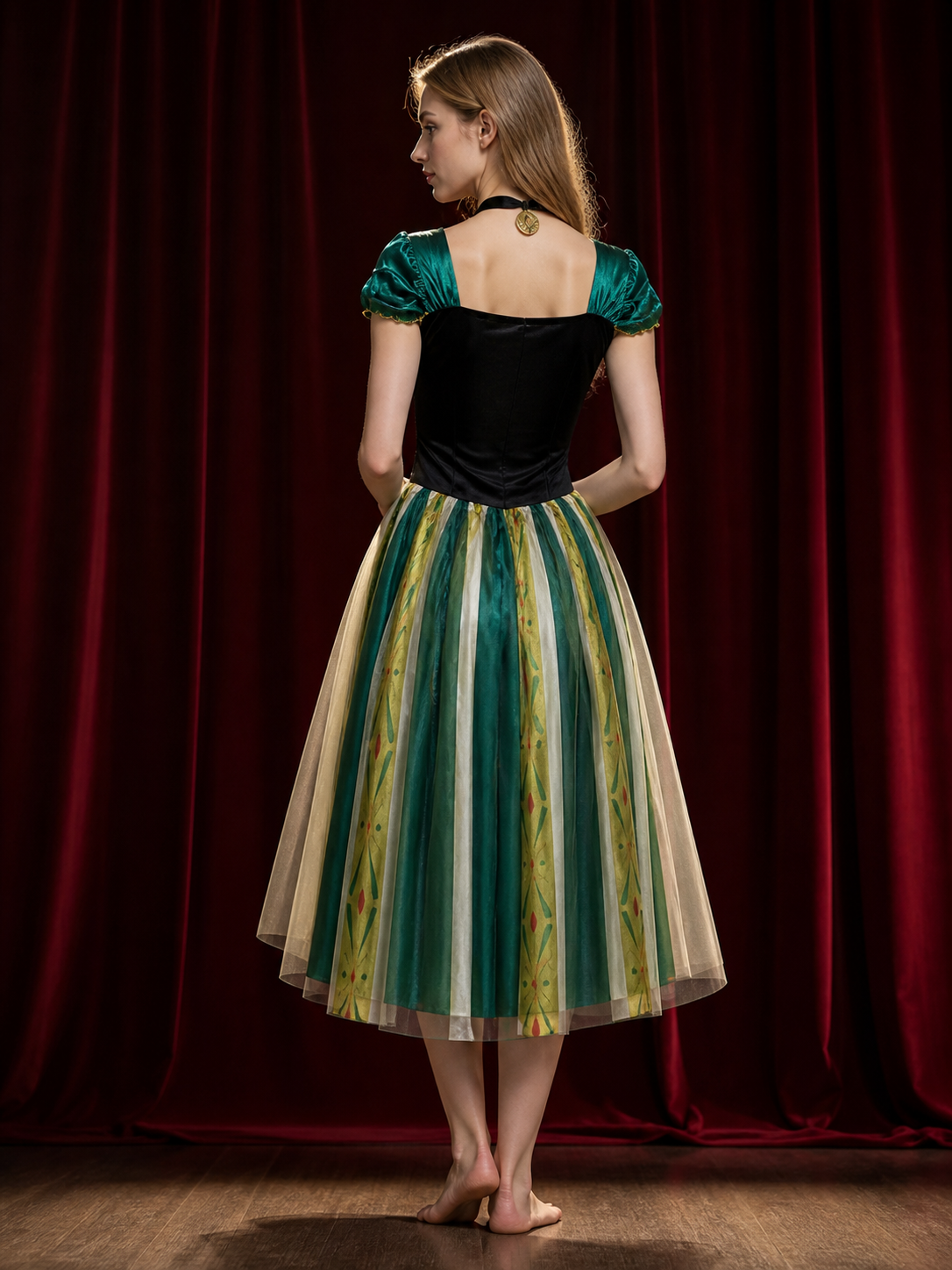 Adult Princess Cosplay Dress, Embroidered Green Black Gold Gown With Necklace back view