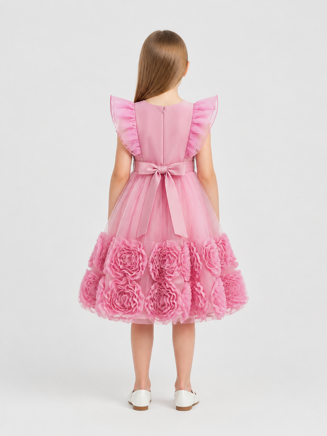 Pink Princess Dress with Tulle Skirt and Bow back view