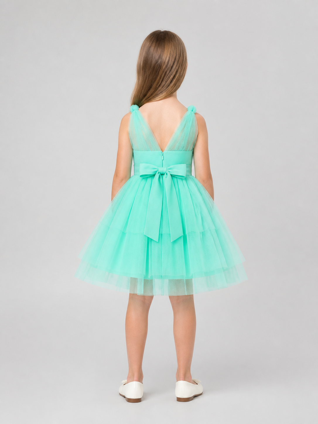Mint Green Girls' Dress with Bows and a Full Skirt back view