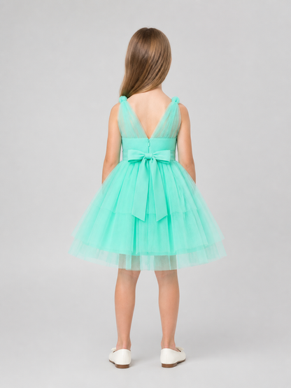 Mint Green Girls' Dress with Bows and a Full Skirt back view