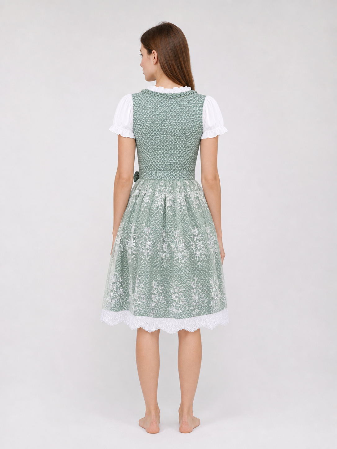 Green Dirndl Dress with Lace and Front Lacing