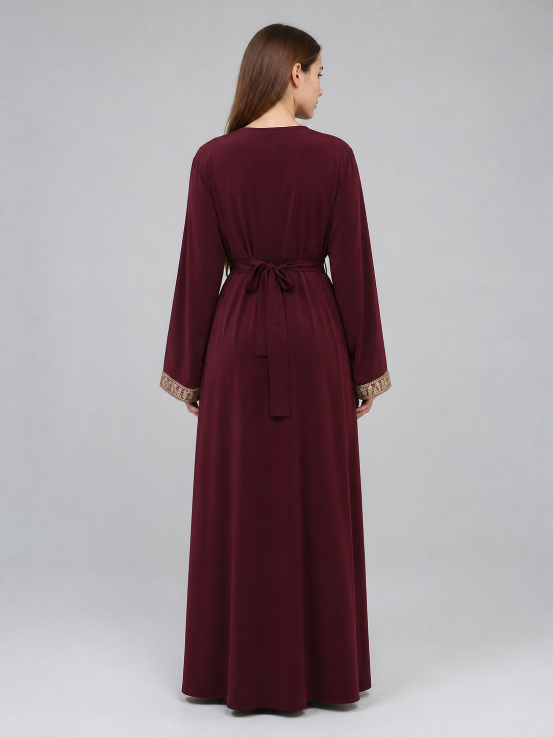 Wine-Burgundy Maxi Dress with Belt and Embroidery back view
