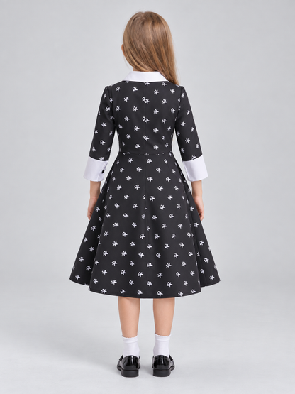 Children's costume dress with a white bow print back view