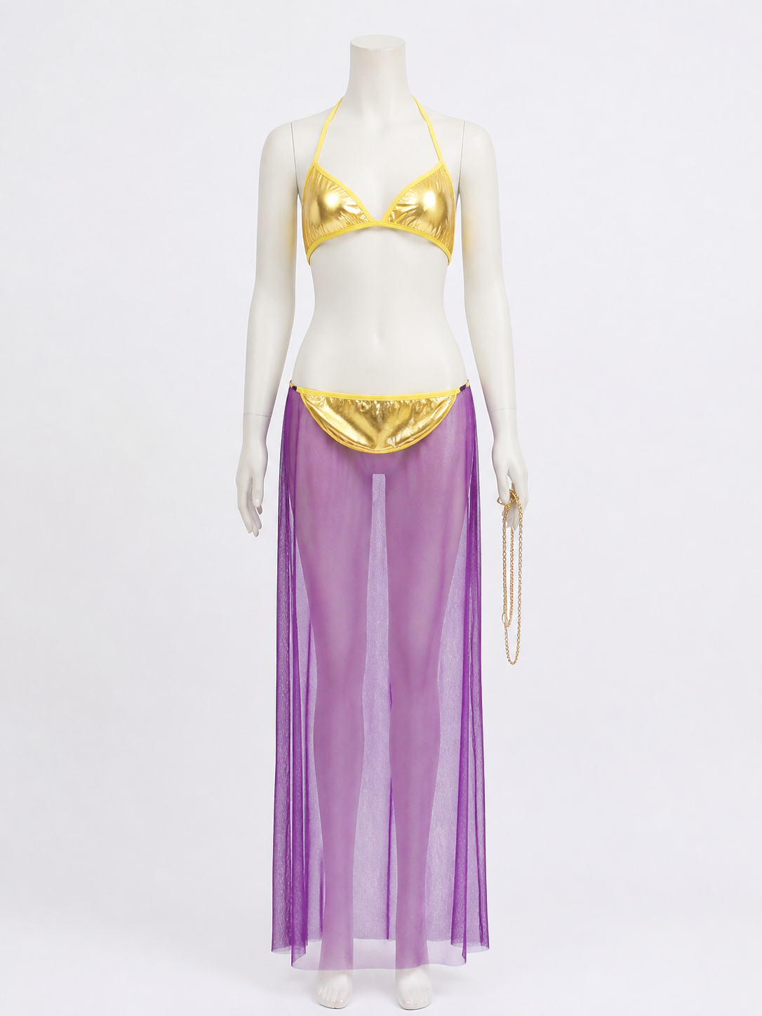 Egyptian Queen Two-Piece Costume Set, Gold Crop Top, Purple Skirt With Chain back view