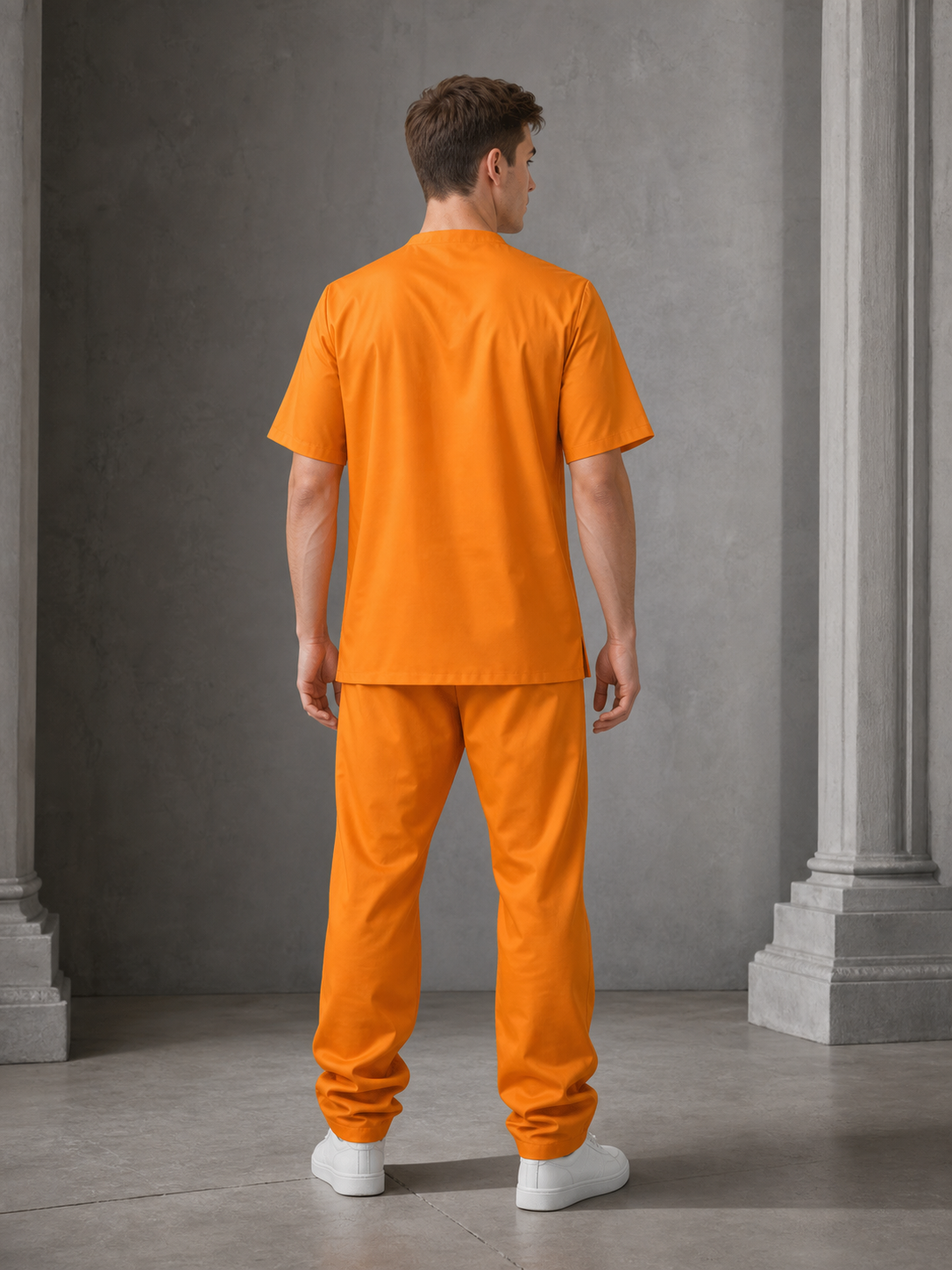 Men's Orange Prison Costume Two-Piece Set, Short-Sleeve Top With Chest Pocket And Matching Long Pants For Role Play