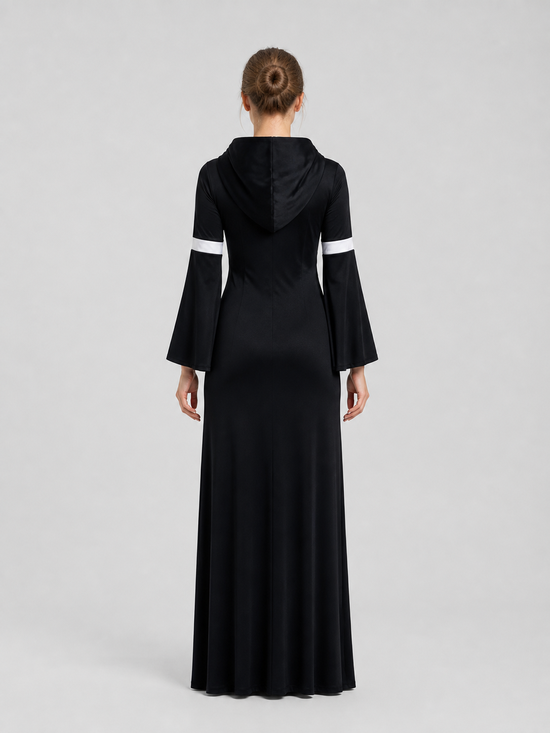 Black Religious Robe Costume with Head Covering and Cross back view