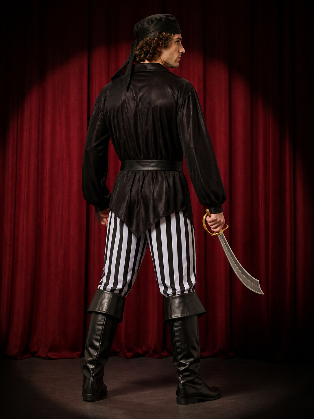 Men's Pirate Halloween Costume Set with Striped Pants and Boot Covers, Black back view