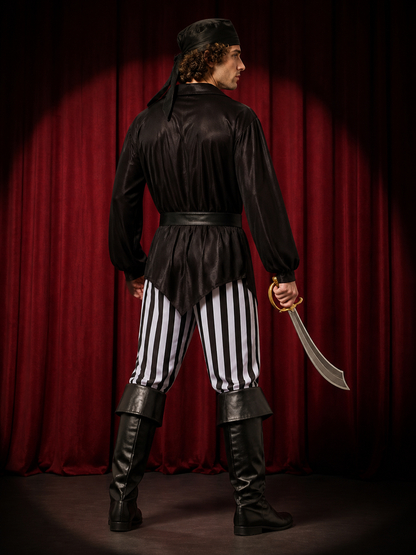 Men's Pirate Halloween Costume Set with Striped Pants and Boot Covers, Black back view