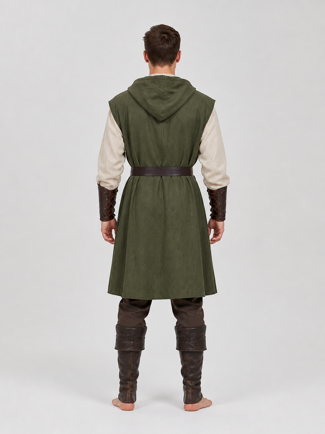 Medieval Fantasy Role Play Costume Set, 2-Piece Olive Green Hooded Sleeveless back view 4