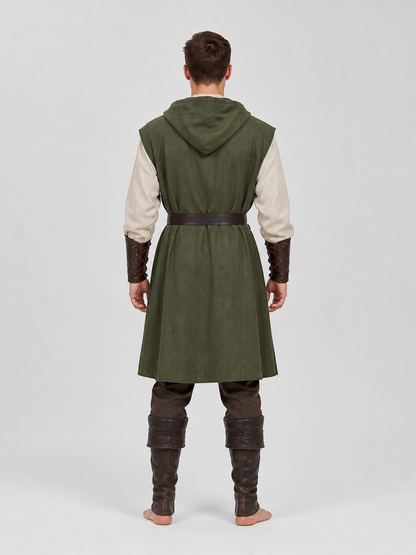 Medieval Fantasy Role Play Costume Set, 2-Piece Olive Green Hooded Sleeveless back view 4