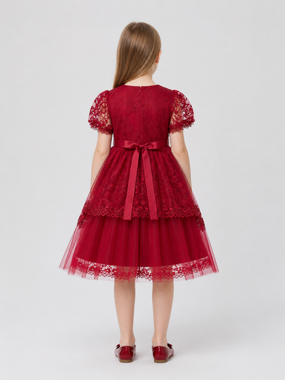 Burgundy Princess Dress for Girls with Lace and Bow