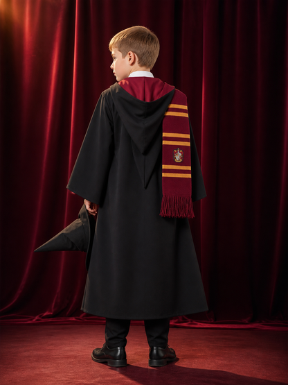 Hooded Wizard Robe Costume Set With Shirt, Tie, Scarf And Pointed Hat back view