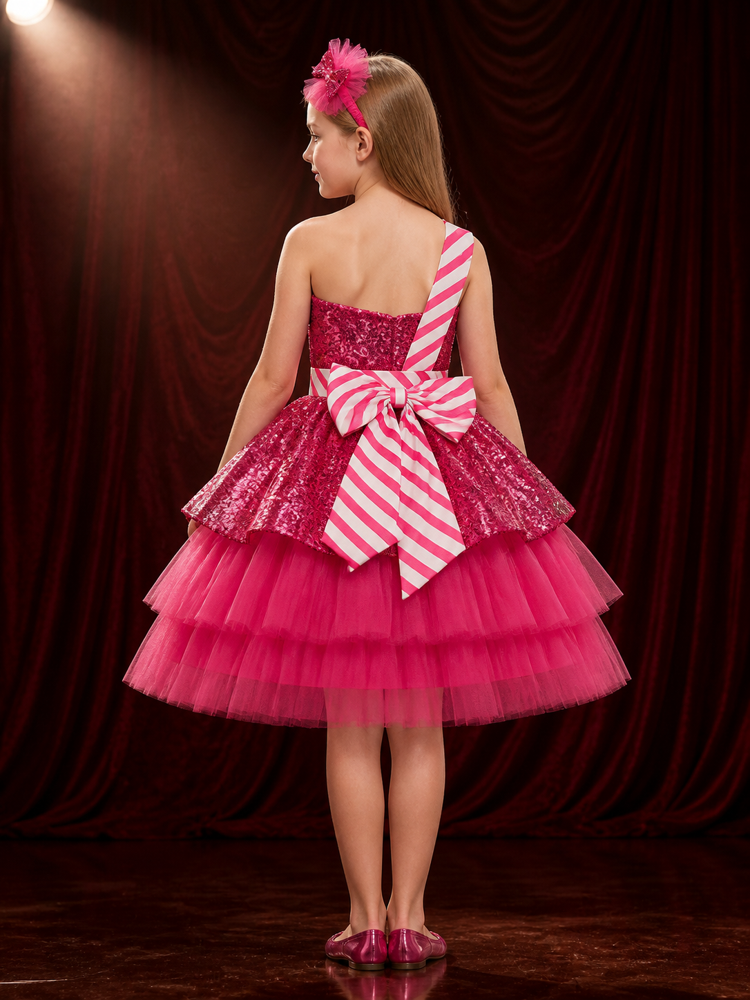 Girls' Sequin Tulle Princess Dress Costume with Bow, Christmas Party Outfit back view