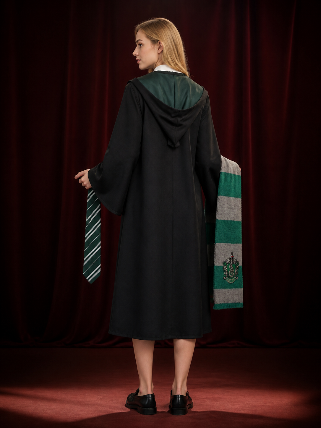 Wizard Long Hooded Robe Costume Set with Tie & Scarf, Green and Grey Stripes