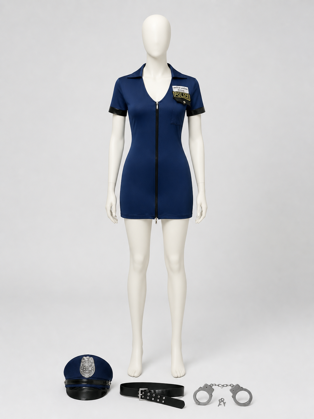 Police Cosplay Costume: Uniform, Cap, Belt, Handcuffs back view