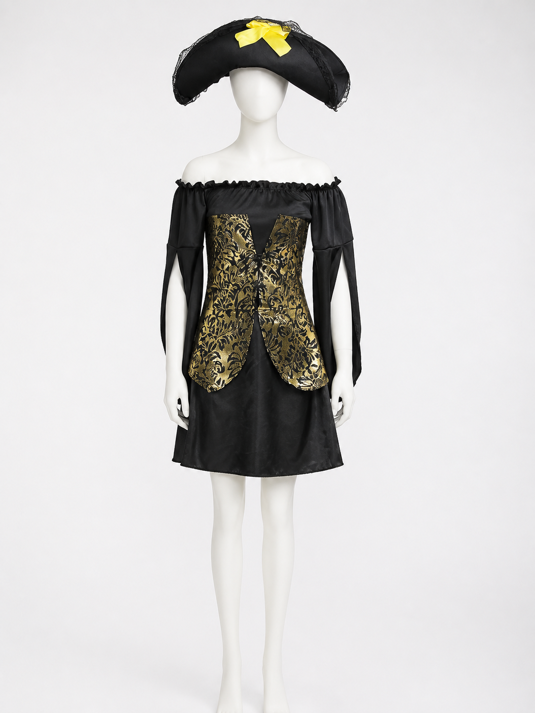 Adult Pirate Costume Set, Black and Gold Off-Shoulder Dress With Hat back view