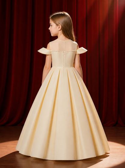 Girls' Champagne Off-Shoulder Beaded Pleated Long Formal Dress back view