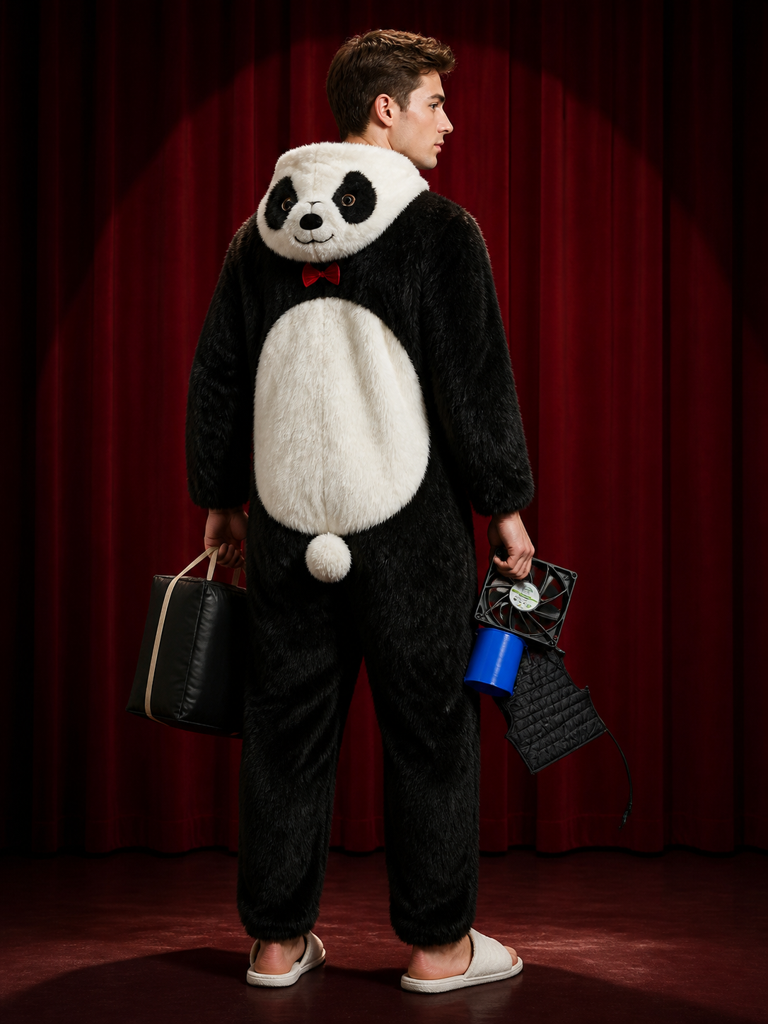 Inflatable Panda Costume Set with Fan, Includes Slippers and Storage Bag back view