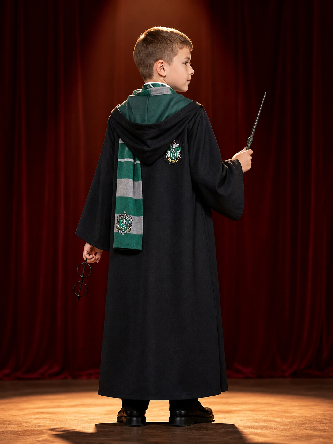 Slytherin Themed Wizard Costume Set: Dark Green Hooded Robe, Scarf, Tie, Glasses back view