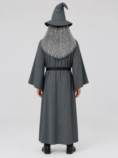 Adult Halloween Wizard Costume Set - 5Pcs Long Sleeve Robe, Curved Hat, Belt back view 2