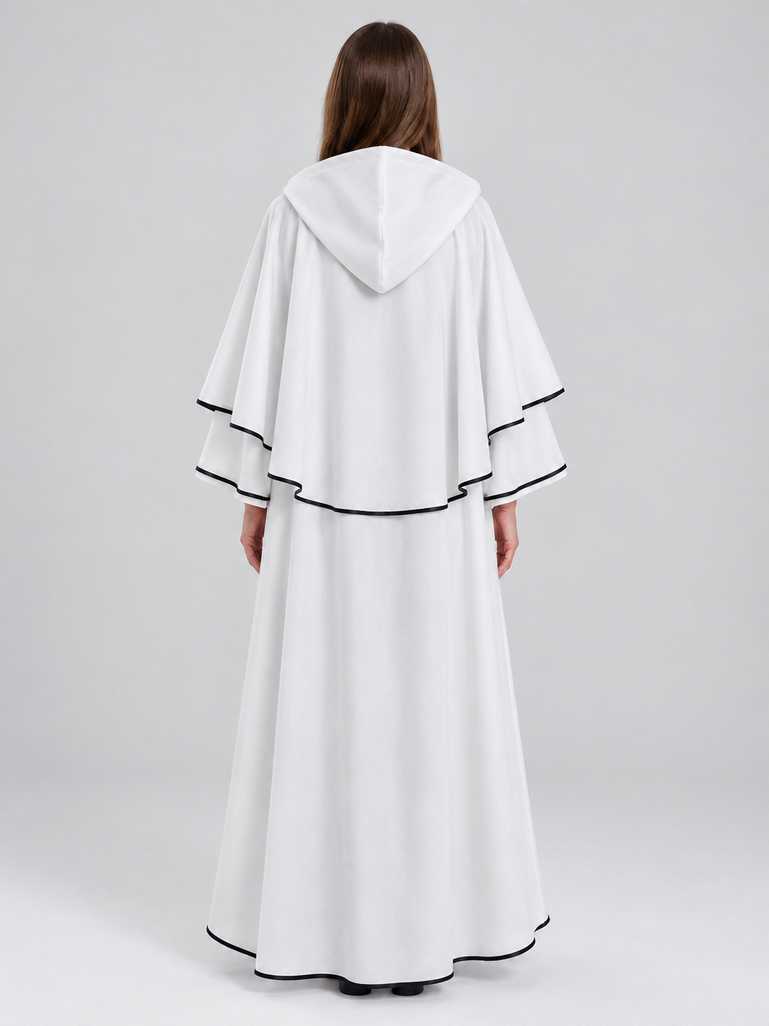 Long White Hooded Cloak with Black Trim