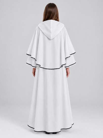 Long White Hooded Cloak with Black Trim