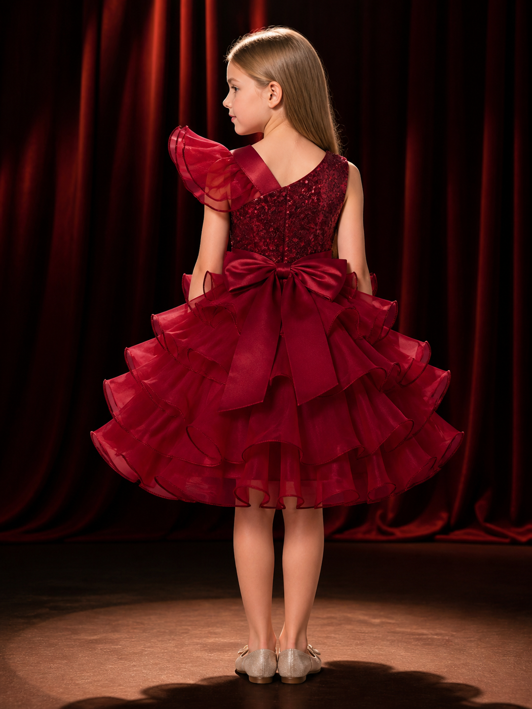 Toddler Girls' Maroon Princess Dress with Sequins, Bow, and Layered Ruffle Skirt back view