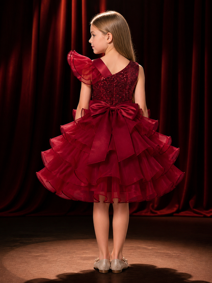 Toddler Girls' Maroon Princess Dress with Sequins, Bow, and Layered Ruffle Skirt back view