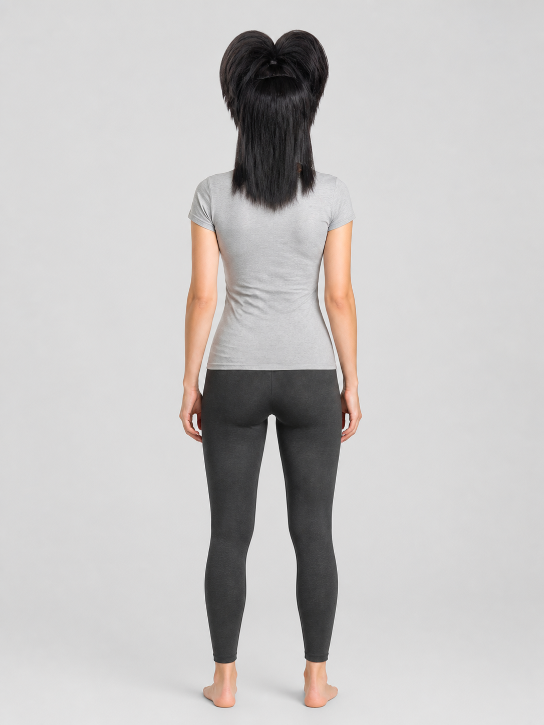 Black Lydia Beetlejuice Cosplay Wig with Double Buns and Bangs back view