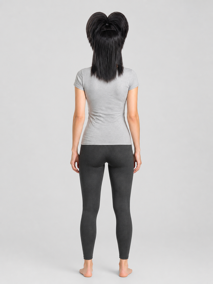 Black Lydia Beetlejuice Cosplay Wig with Double Buns and Bangs back view