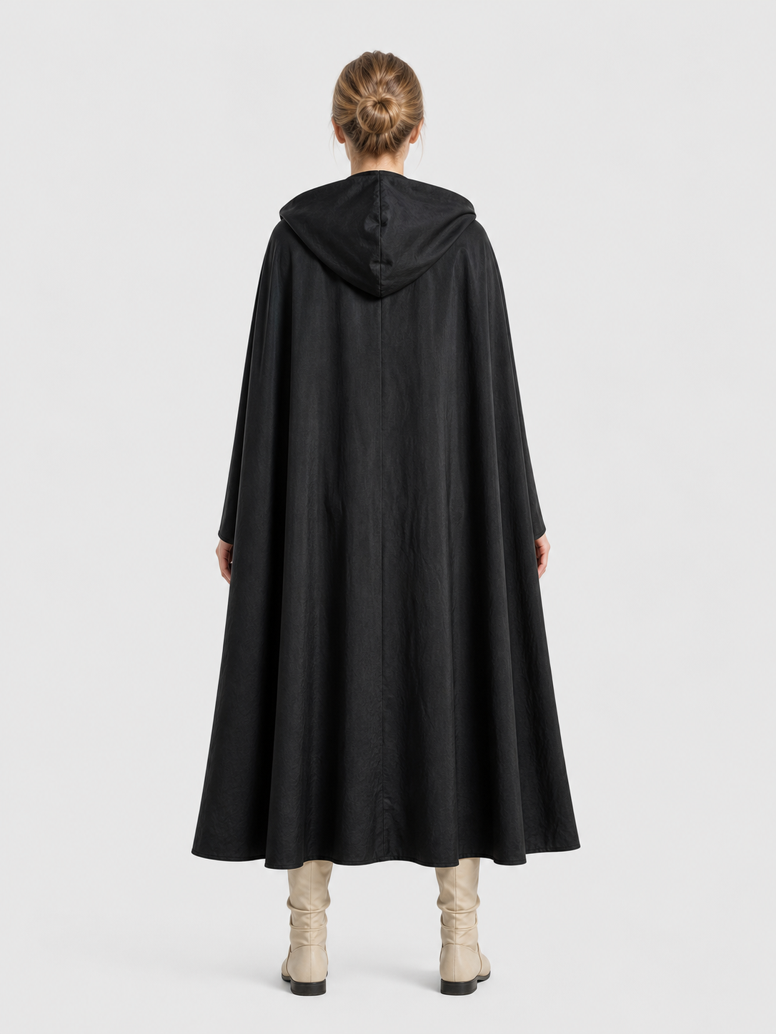 Black Long Hooded Cotton-Linen Cloak back view 9